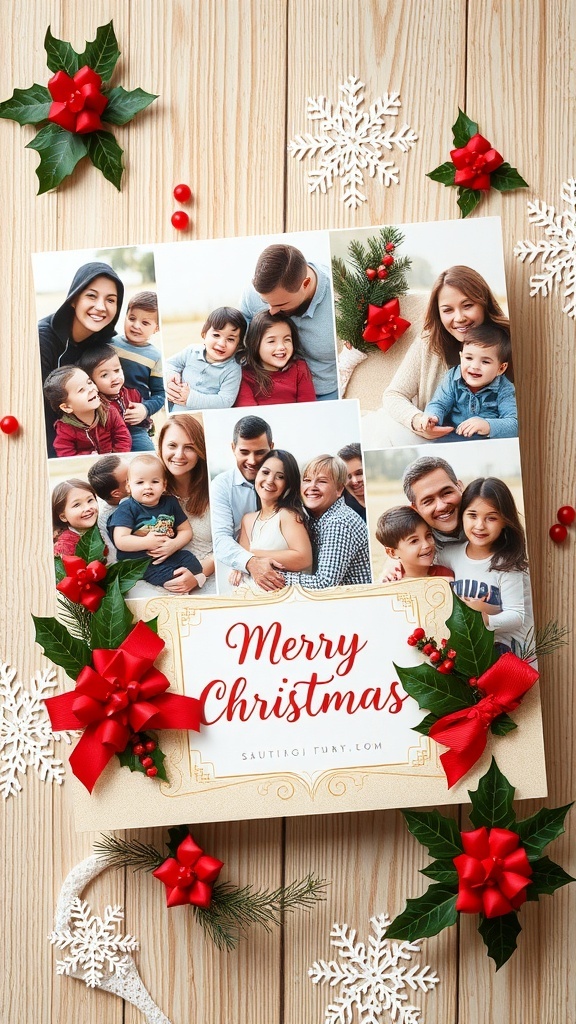 A festive Christmas card showcasing a year recap with family photos and holiday decorations.